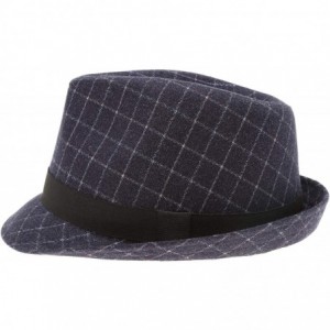 Fedoras Men's Classic Fashion Short Brim Trilby Structured Gangster Fedora Hat with Band - Windowpane- Navy - CK18WL3N2N9 $26.28