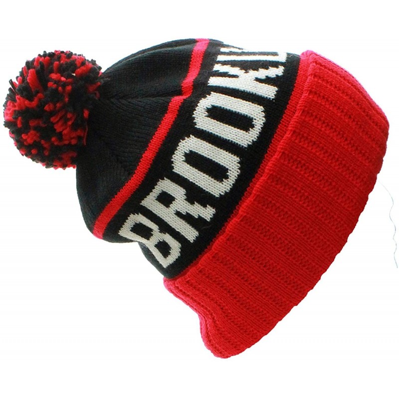 Skullies & Beanies USA Favorite City Cuff Cable Knit Winter Pom Pom Beanie Hat Cap - Brooklyn - Black Red - CE11Q2V63QX $19.88