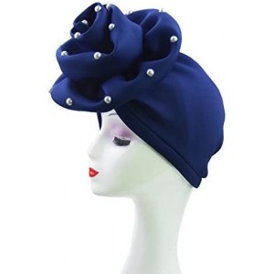 Skullies & Beanies Nigerian gele Hats with Pearl Handmade African Hele Turban Cap - Royal Blue - CT18G9C2DSH $46.05