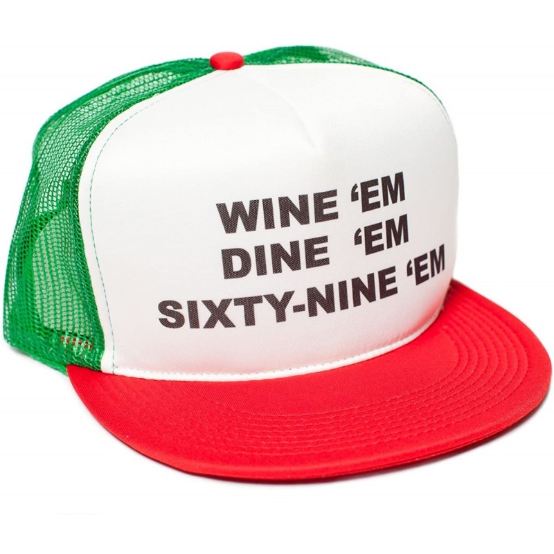 Baseball Caps Wine Em Dine Sixty Nine Em 69 Flat Bill Unisex-Adult One-Size Trucker Hat - Green/White/Red - CR11QOA6RIF $26.48