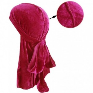 Skullies & Beanies Men's Soft Velvet Long Tail Wide Straps Durag Solid Color Cap Turban Headwrap - Deep Pink - C618GRH0I8I $2...