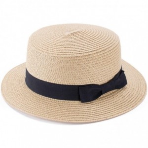 Sun Hats Womens Mini Straw Boater Hat Fedora Panama Flat Top Ribbon Summer A456 - Natural - CE185O52SQM $23.37