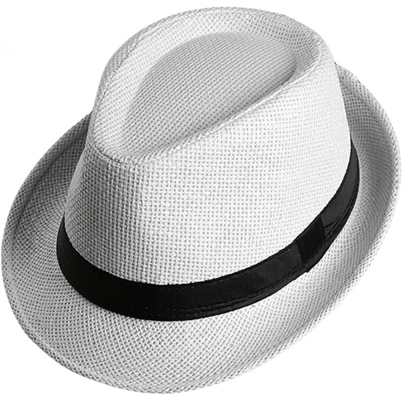 Fedoras Men Women Straw Trilby Hat Fedora Short Upturn Brim FFH391BE1 - Ffh391 White (Stripe Decoration) - CQ187HTOL49 $27.00