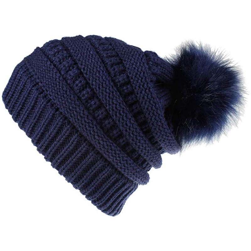 Skullies & Beanies Knit Beanie Skull Cap Thick Fleece Lined Soft & Warm Chunky Beanie Hats or Scarf for Women Daily - E - Nav...