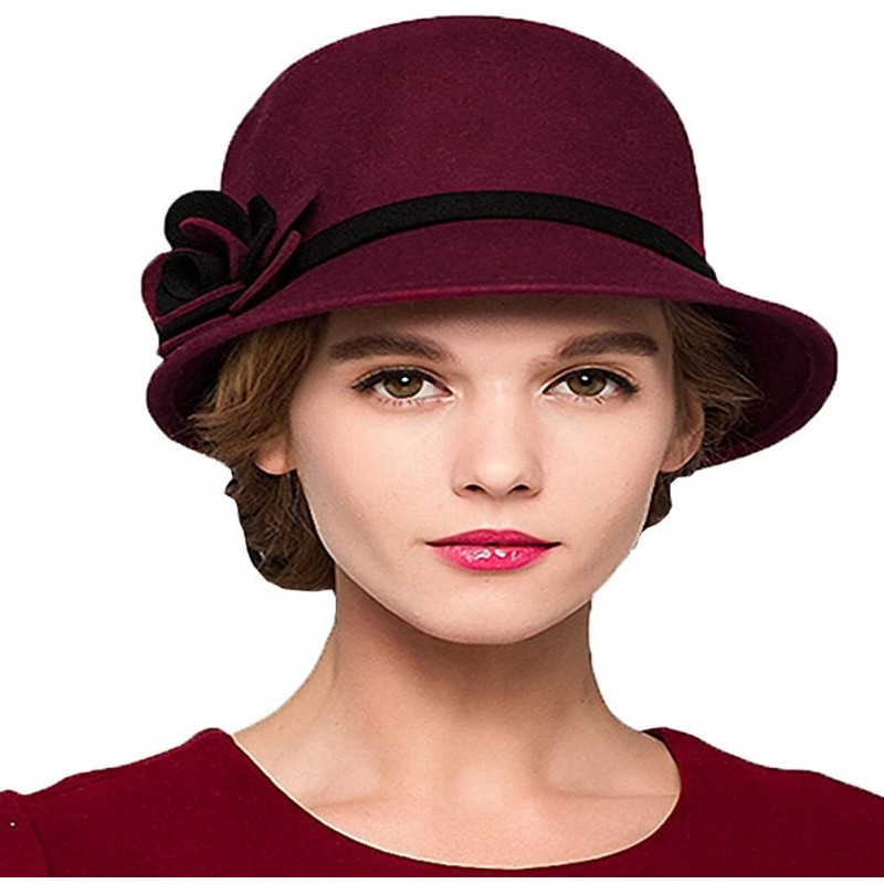 Fedoras Women's Bow Wool Felt Bucket Hat - Wine Red - CB128NIYUXP $59.94