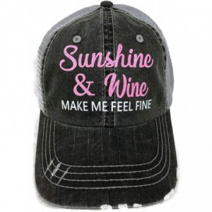 Baseball Caps Neon Pink/White Glitter Sunshine & Wine Make Me Feel Fine Distressed Grey Trucker Cap Hat - C718SLDUIX2 $46.97