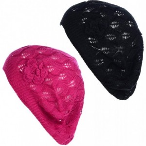 Berets Chic Parisian Style Soft Lightweight Crochet Cutout Knit Beret Beanie Hat - C5198RT6M5I $31.77