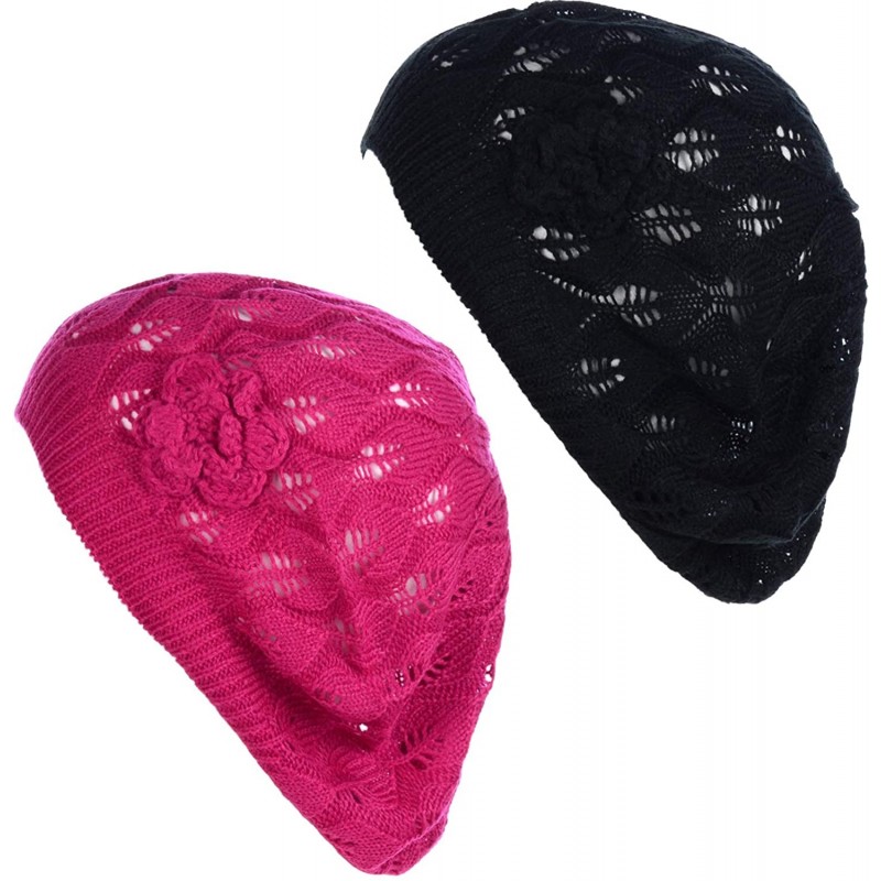 Berets Chic Parisian Style Soft Lightweight Crochet Cutout Knit Beret Beanie Hat - C5198RT6M5I $32.62