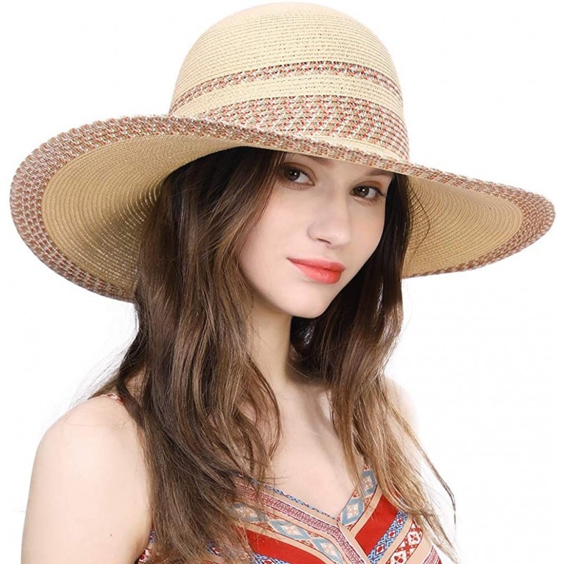 Sun Hats Packable UPF Straw Sunhat Women Summer Beach Wide Brim Fedora Travel Hat 54-59CM - 91556_beige - C4196I94IZD $43.08