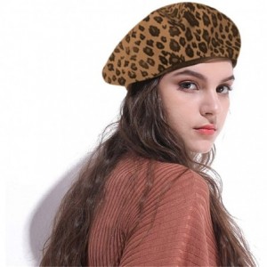 Berets Fashion Lady Leopard Print Beret Hat Wool Warm Plain Beanie Hat Cap - Brown Leopard - C718L42Q7QA $13.45