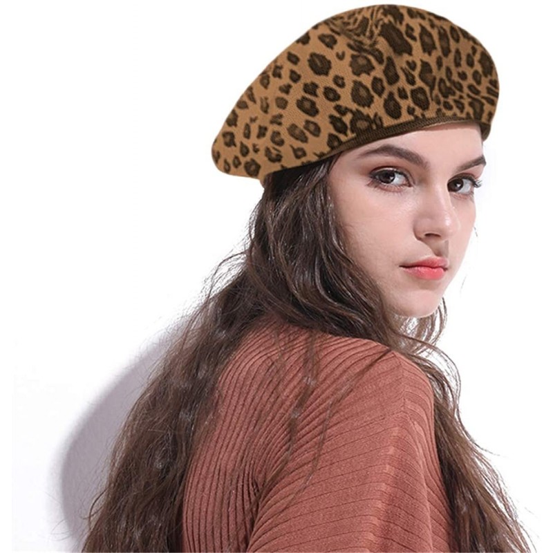 Berets Fashion Lady Leopard Print Beret Hat Wool Warm Plain Beanie Hat Cap - Brown Leopard - C718L42Q7QA $20.73