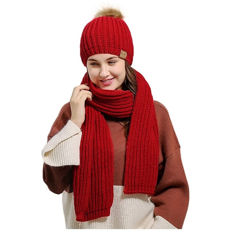 Skullies & Beanies Women's Knitted Scarf Winter Hat Crochet Hat Warm Scarf and Hat Set - Red - CM186RHAS4T $33.69
