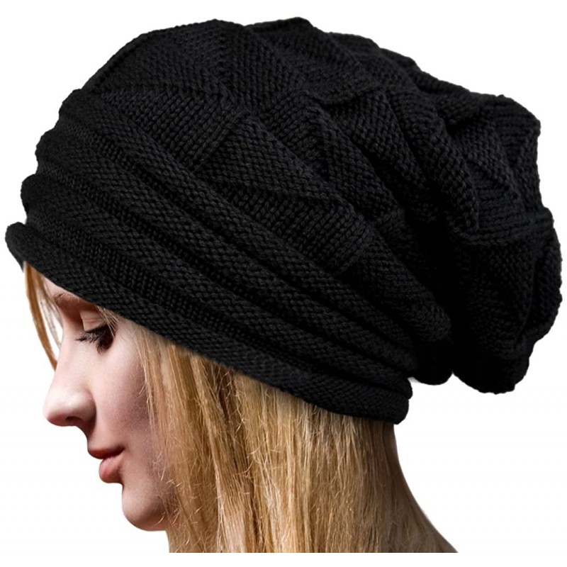 Skullies & Beanies Women's Winter Beanie Knit Crochet Ski Hat Oversized Cap Hat Warm - Black-1 - CU1206XZNVN $16.86
