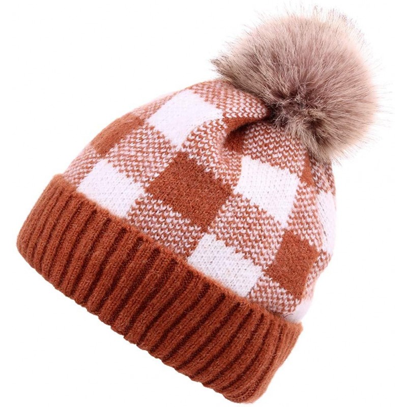 Skullies & Beanies Winter Soft Stretch Buffalo Plaid Cuff Beanie Hat Thick Chunky Warm Knit Skull Ski Cap - 1 Brown/White - C...