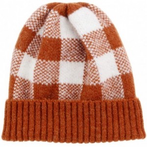 Skullies & Beanies Winter Soft Stretch Buffalo Plaid Cuff Beanie Hat Thick Chunky Warm Knit Skull Ski Cap - 1 Brown/White - C...