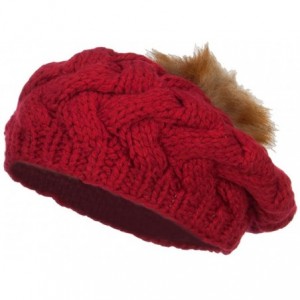 Berets Faux Fur Pom Knit Beret - Red - C512N14T1IZ $67.42
