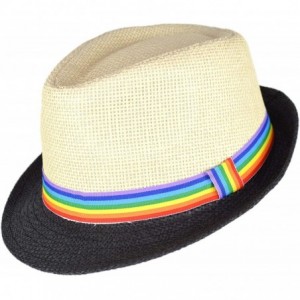 Fedoras Super Cute Natural Paper Straw Fedora Hat with Rainbow Ribbon Hatband - Natural and Black - CU18SI057ZT $33.94