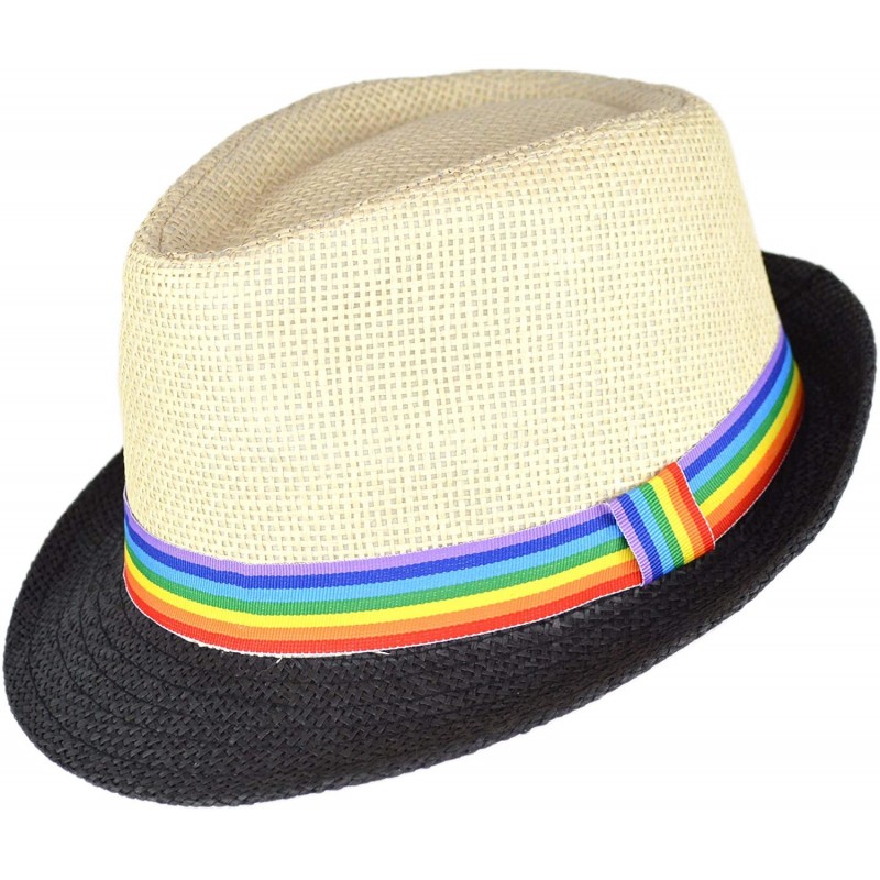 Fedoras Super Cute Natural Paper Straw Fedora Hat with Rainbow Ribbon Hatband - Natural and Black - CU18SI057ZT $29.65