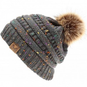 Skullies & Beanies Women's Soft Stretch Cable Knit Warm Skully Faux Fur Pom Pom Beanie Hats - Confetti - Charcoal - CP18W4AK0...