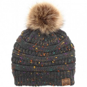 Skullies & Beanies Women's Soft Stretch Cable Knit Warm Skully Faux Fur Pom Pom Beanie Hats - Confetti - Charcoal - CP18W4AK0...