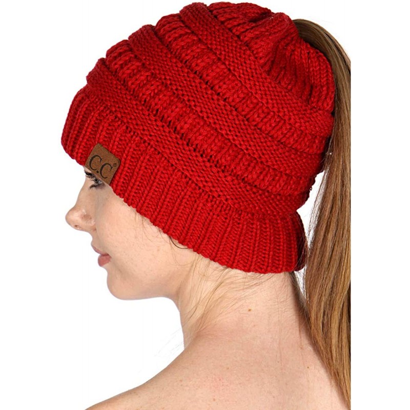 Skullies & Beanies Beanie Ponytail Beanie Messy bun Beanie Soft Warm Cable Winter Chunky Skull Cap - Solid Red - CL188ONG92I ...