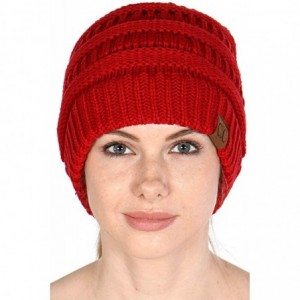 Skullies & Beanies Beanie Ponytail Beanie Messy bun Beanie Soft Warm Cable Winter Chunky Skull Cap - Solid Red - CL188ONG92I ...