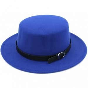 Fedoras Women Wool Blend Boater Hat Sailor Flat Top Bowler Cap Belt Buckle Band - Royal Blue - C5184X558QG $24.44