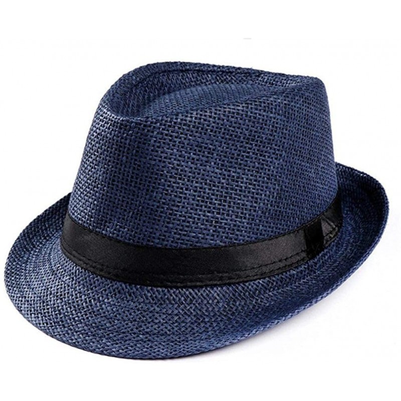 Sun Hats Women Straw Panama Hat Fedora Beach Sun Hat Wide Brim Straw Roll up Hat - Navy - C718T8ILGO0 $40.38