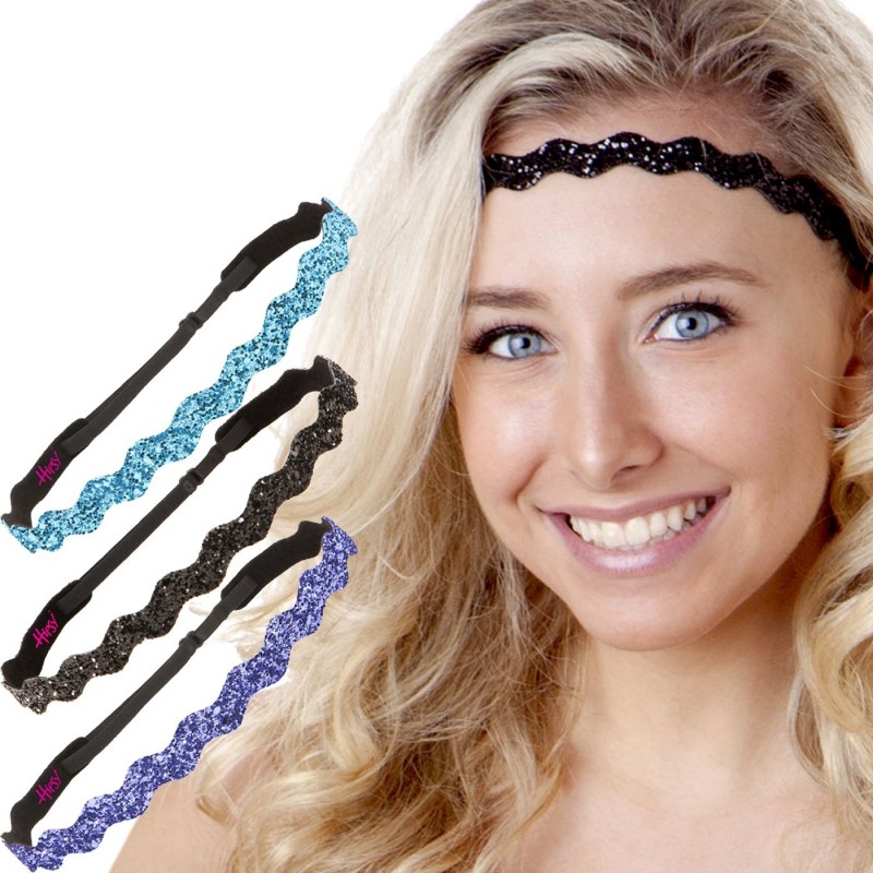 Headbands Women's Adjustable NON SLIP Wave Bling Glitter Headband Multi 3pk (Teal/Black/Purple) - Teal/Black/Purple - CB11OJ3...