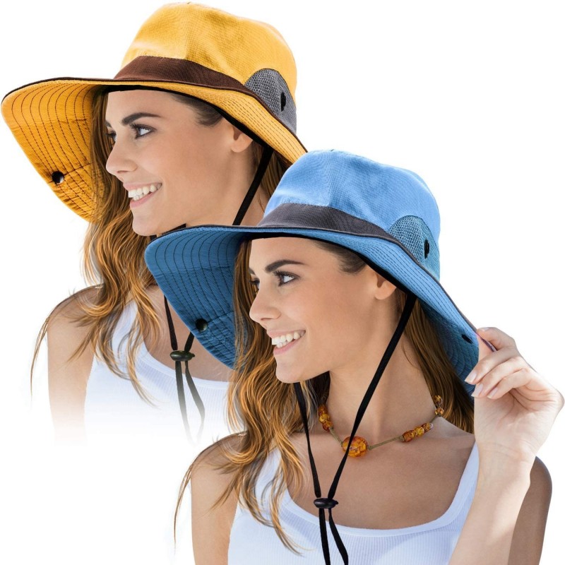Sun Hats 2 Pieces Women's Outdoor Sun Hat UV Protection Foldable Mesh Wide Brim Beach Fishing Cap - Blue- Yellow - CH18RGMK5U...