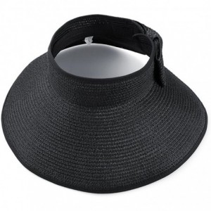 Visors Straw Wide Brim Foldable Roll Up Floppy Visor Sun Hat with Bow - Black - CZ12GYNC1YV $9.23