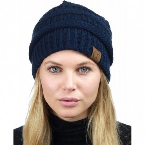Skullies & Beanies Unisex Chunky Soft Stretch Cable Knit Warm Fuzzy Lined Skully Beanie - Navy - CL187GEUQL5 $8.62