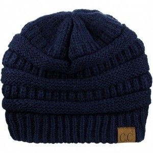 Skullies & Beanies Unisex Chunky Soft Stretch Cable Knit Warm Fuzzy Lined Skully Beanie - Navy - CL187GEUQL5 $22.72