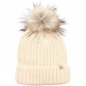 Skullies & Beanies Women's Winter Solid Ribbed Knitted Beanie Hat with Faux Fur Pom Pom - Oatmeal - C718WCAYYN4 $12.81