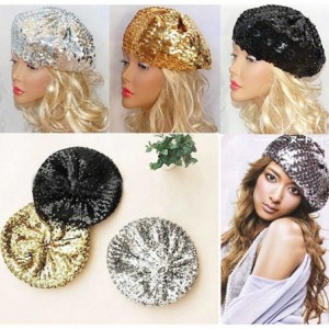 Berets Sparkly Sequins Beret Hat Glitter Mermaid Cap for Dancing Party Fancy Dress - Rose Red - CW182E9UKHG $20.53