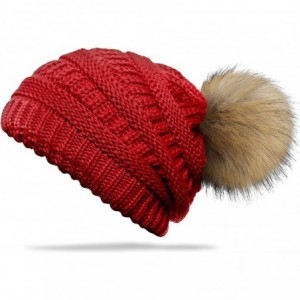 Skullies & Beanies Slouchy Winter Knit Beanie Cap Chunky Faux Fur Pom Pom Hat Bobble Ski Cap - Burgundy 01 - CU18E8TZ2GX $25.66