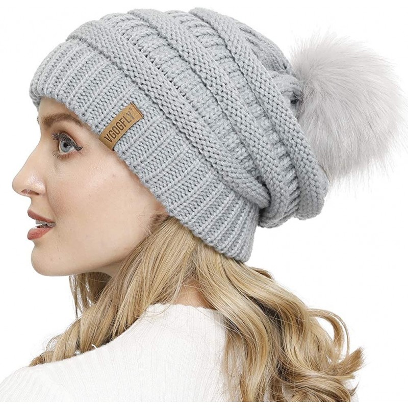 Skullies & Beanies Slouchy Beanie for Women Winter Hats Knit Warm Skull Ski Cap Faux Fur Pom Pom Hat Warm Ski Baggy Cap - CJ1...