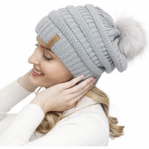 Skullies & Beanies Slouchy Beanie for Women Winter Hats Knit Warm Skull Ski Cap Faux Fur Pom Pom Hat Warm Ski Baggy Cap - CJ1...