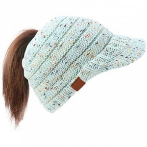 Skullies & Beanies Women's Warm Chunky Cable Knit Messy Bun Hat Ponytail Visor Beanie Cap - Confetti Mint - CL18LNSRG9A $9.03