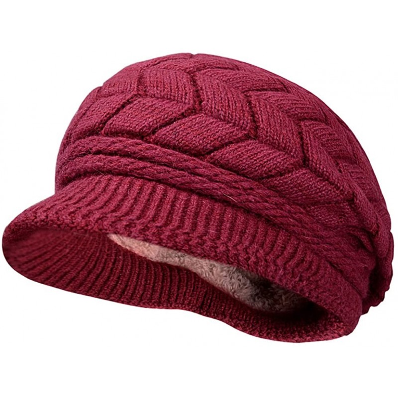 Skullies & Beanies Womens Knit Wool Hats with Visor Warm Skull Beanie Caps for Winter - Claret - CM11T8PTRXB $30.13