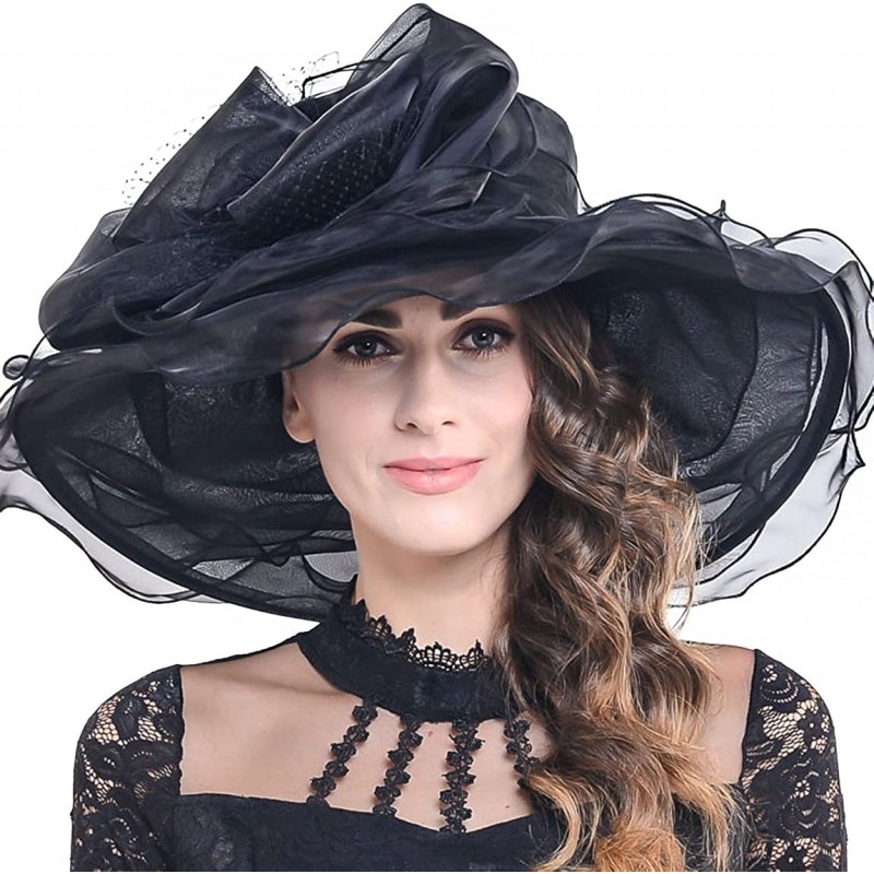 Sun Hats Women Organza Church Kentucky Derby Dress Fascinator Wide Brim Floral Tea Party Wedding Hat - Pure Black - CC17YORCT...