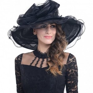 Sun Hats Women Organza Church Kentucky Derby Dress Fascinator Wide Brim Floral Tea Party Wedding Hat - Pure Black - CC17YORCT...