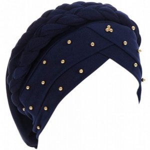 Skullies & Beanies Double Braid Turban Cotton Chemo Cancer Cap Muslim Hat Stretch Hat Head Wrap Cap for Women - Navy - C118WG...