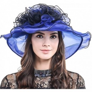 Sun Hats Ladies Kentucky Derby Church Hat Wide Brim Leaf Flower Bridal Dress Hat s037 - Floral-blue&black - CU17YIXXAHQ $13.97