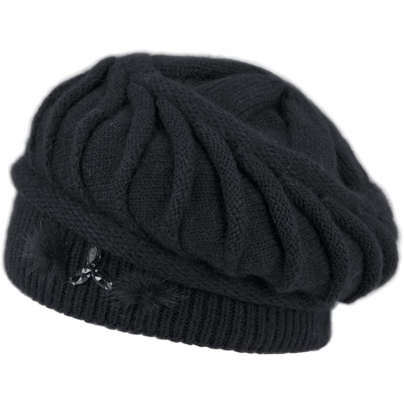 Skullies & Beanies Women's Angora Blend Beanie Hat - Spiral Twist Pattern - Dual Layer - Black - CY12N7EQWSF $45.20