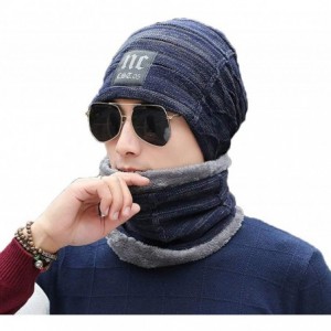 Skullies & Beanies Men Thicken Warm Hat with Scarf-Casual Knitted Skullies Beanies - Navy Blue - C318AMOI2EI $47.62