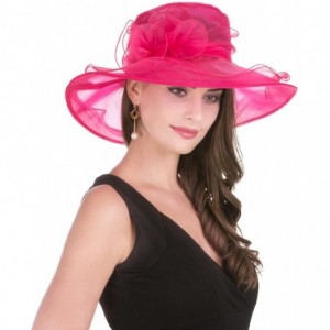 Sun Hats Women Kentucky Derby Church Beach Fascinators Hat Wide Floral Brim Flat Hat with Bowknot - Rose Red - CK189XNCT9R $2...
