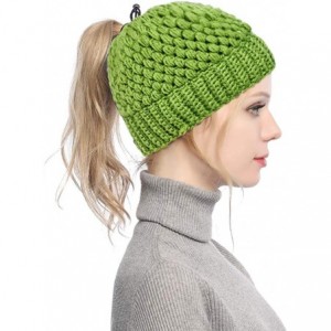 Skullies & Beanies Ponytail Beanie Hat for Women- Girls BeanieTail Soft Stretch Cable Knit Messy High Bun Winter Cap - Green ...