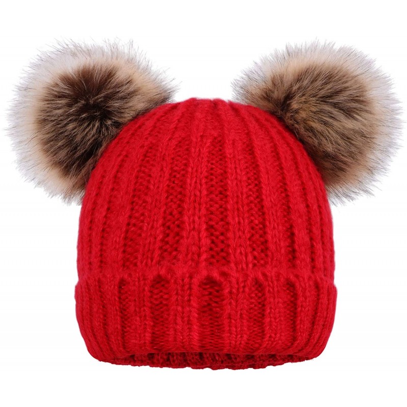 Skullies & Beanies Women's Faux Fur Pompom Mickey Ears Cable Knit Winter Beanie Hat - Red Hat Coffee Ball - CT18I0ZE0Q2 $26.80