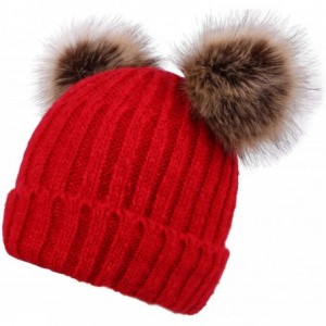 Skullies & Beanies Women's Faux Fur Pompom Mickey Ears Cable Knit Winter Beanie Hat - Red Hat Coffee Ball - CT18I0ZE0Q2 $26.80